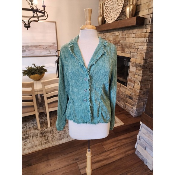 Tianello Jackets & Blazers - Tianello Tencel Blazer Paisley Print Green Medium Boho Fringe
